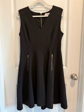 Calvin Klein Black Sleeveless V-Neck Fit-and-Flare Dress with Gold Zippers